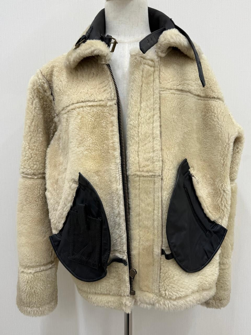 Men's Italian Sheepskin Leather Bomber Jacket Black Premium Soft Fur Asian Size L