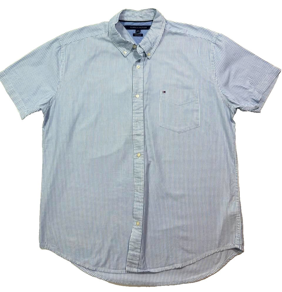 Tommy Hilfiger Men'S Regular Fit Stripe Oxford Shirt In Blue And White -Size Xl