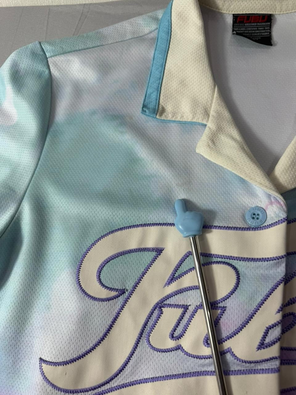 FUBU Button Up Baseball Jersey Shirt Men's Size S Pastel Tie Dye