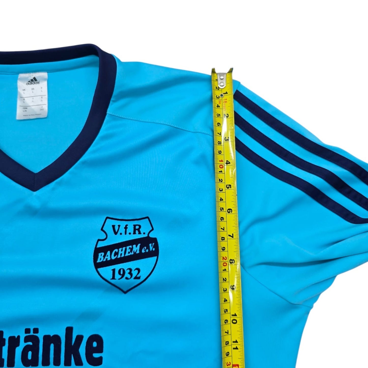 Adidas Men's Cyan Blue Striped Soccer Jersey L V-Neck Long Sleeve