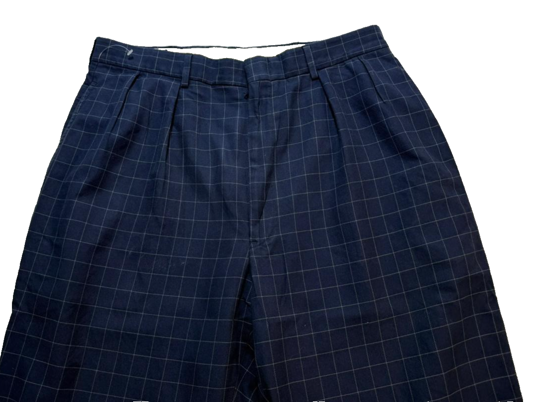 Vintage Polo Ralph Lauren Navy Blue Cotton Windowpane Pleated Trousers Pant 34