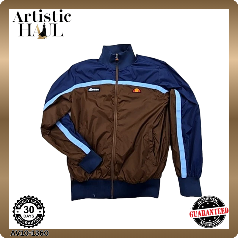 Ellesse Men's Track Jacket M Navy Brown Nylon Stripe Zipper