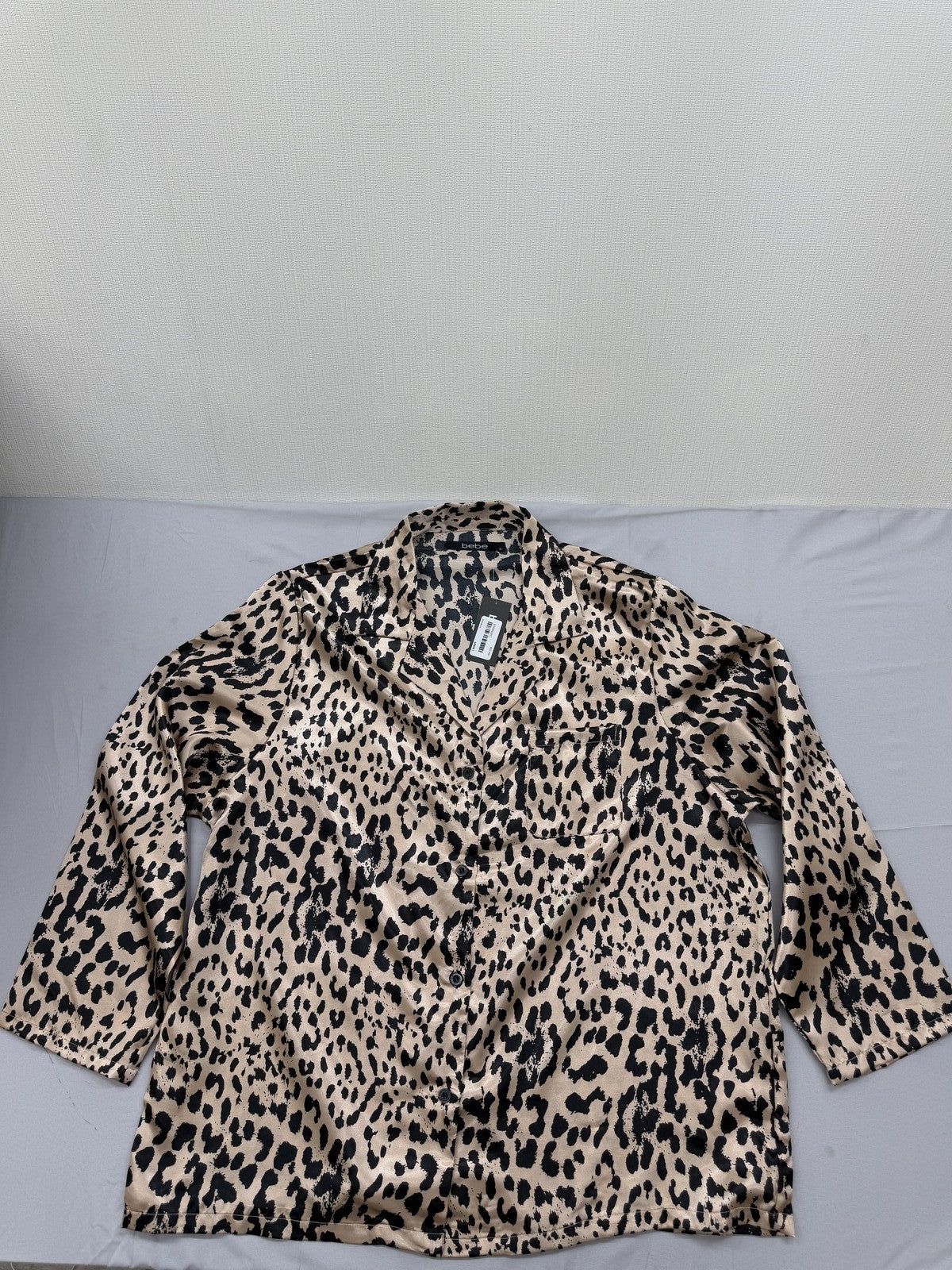 Bebe Leopard Print Long Sleeve Satin Top XL Brown