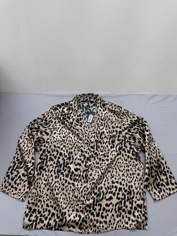 Bebe Leopard Print Long Sleeve Satin Top XL Brown