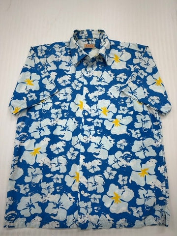 SADS Men's Blue Hawaiian Hibiscus Shirt XL Cotton Short Sleeve