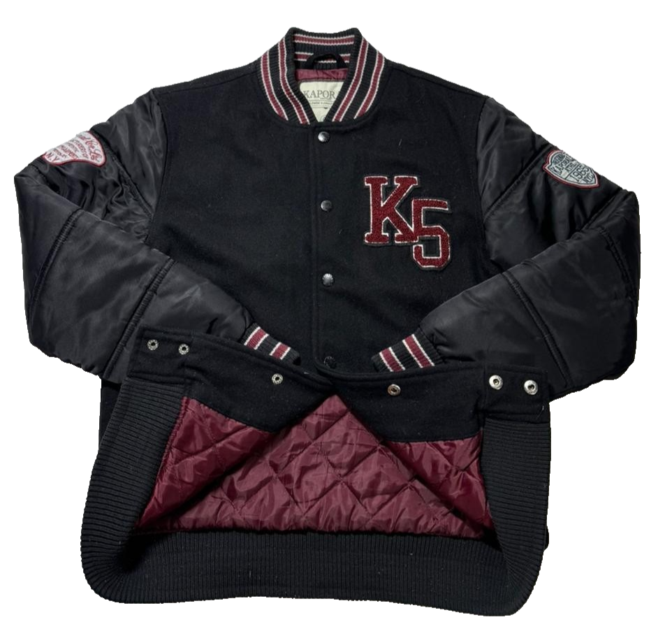 Kaporal K5 Varsity Bomber Jacket Black Men's Size 14 Patch Logo Puff Sleeves