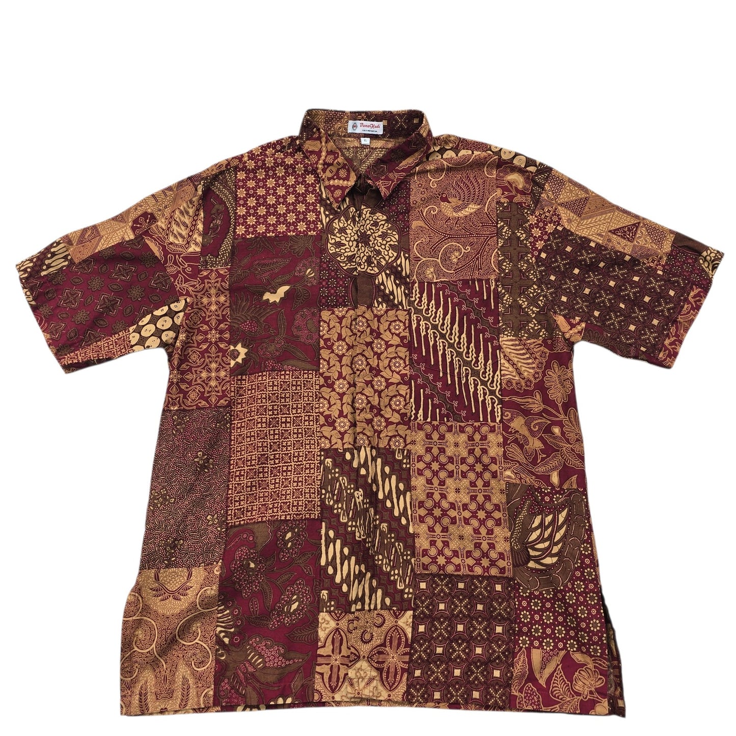 Batik Kadi Unisex Burgundy Gold Patchwork Batik Shirt XL Handmade