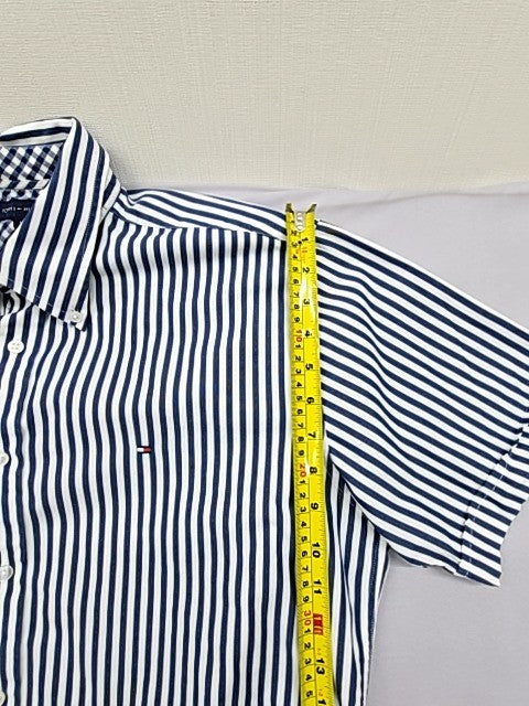Tommy Hilfiger Men's Navy White Stripe Short Sleeve Oxford Shirt L