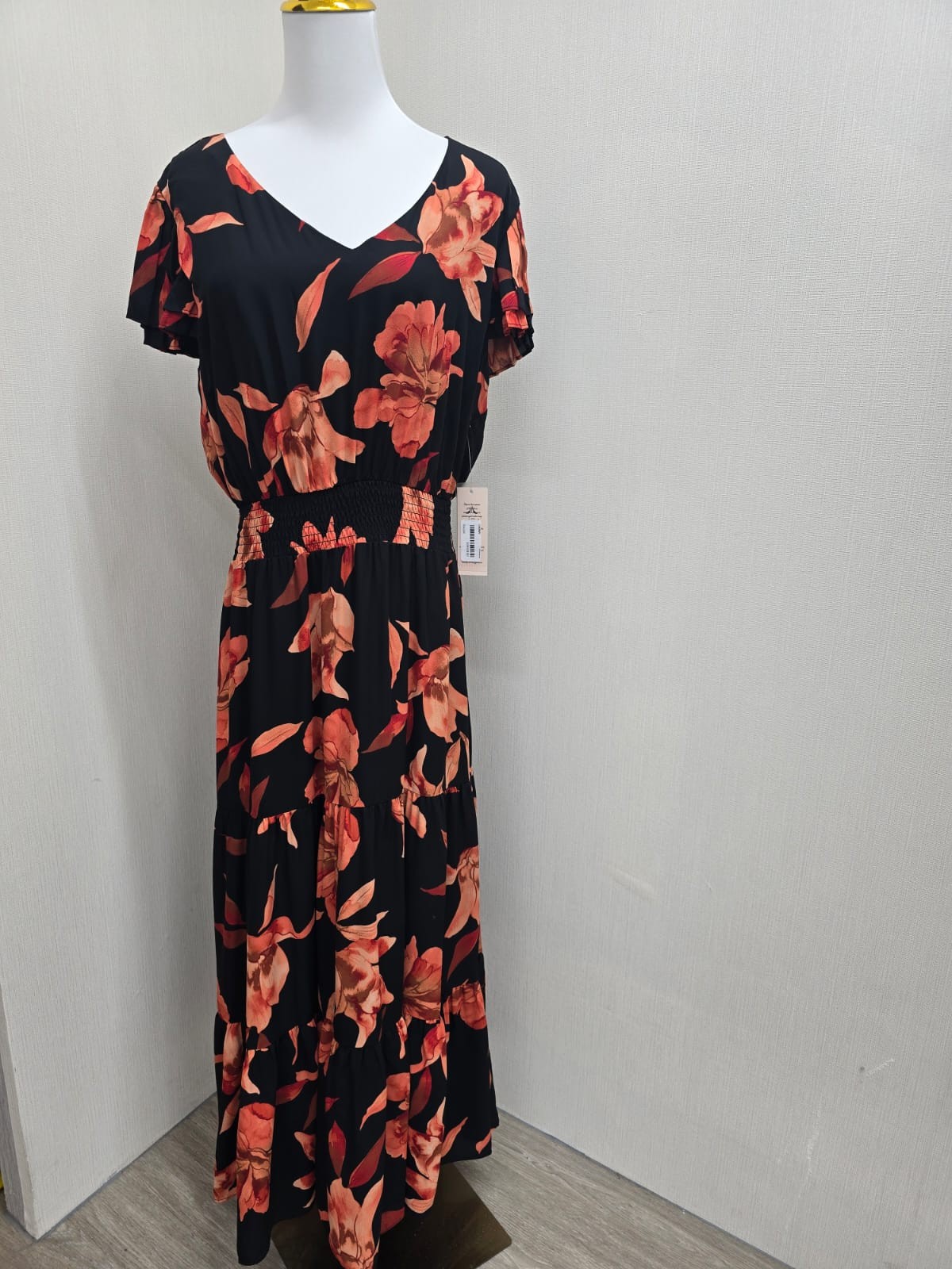 Nanette Lepore Black Orange Floral Maxi Dress Size 14 V-Neck