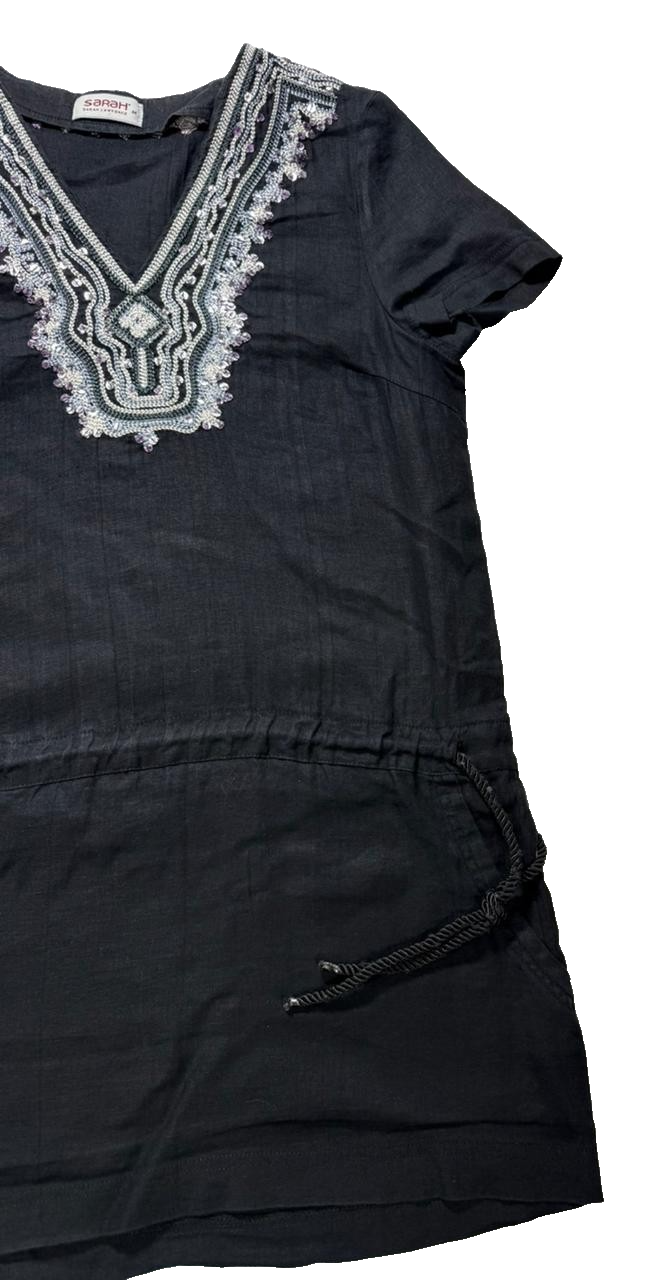 Sahah Black Beaded V-Neck Tunic Dress Short Sleeve Drawstring Waist - Size M