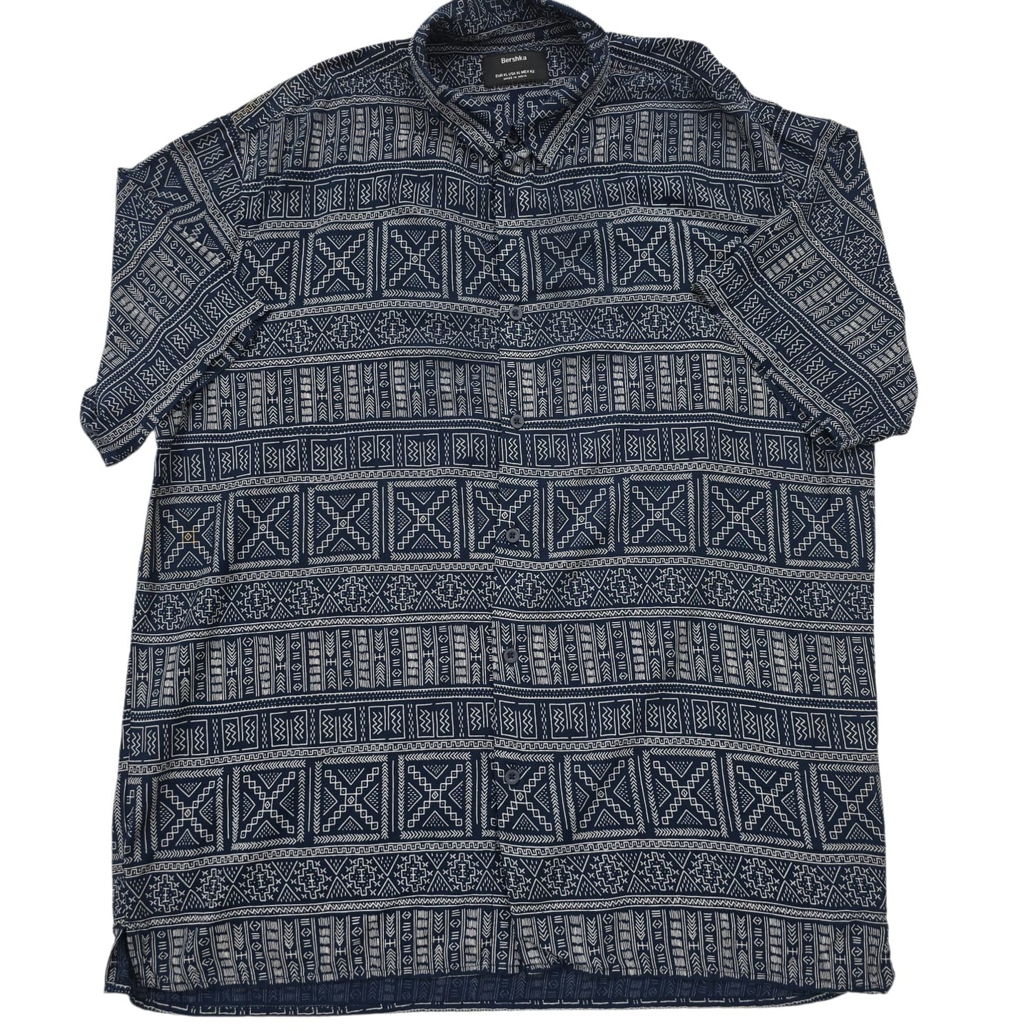 Bershka Men's Navy Geometric Embroidered Short Sleeve Shirt XL
