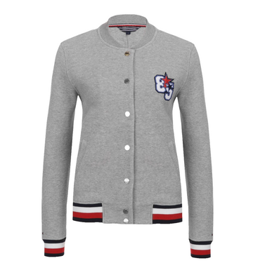 Tommy Hilfiger Womens Grey Vasity Jacket 85 Patch, Striped Trim - Size S