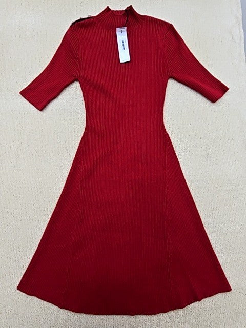 Karl Lagerfeld Red Midi Mock Neck Dress L Rib Knit Cut Out Logo