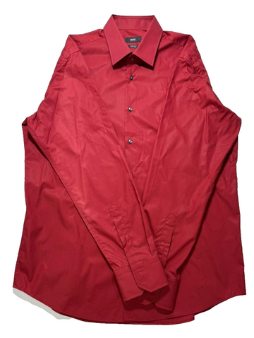 Hugo Boss Men’s Shirt Red Regular Fit Easy Iron Size 43 Long Sleeve