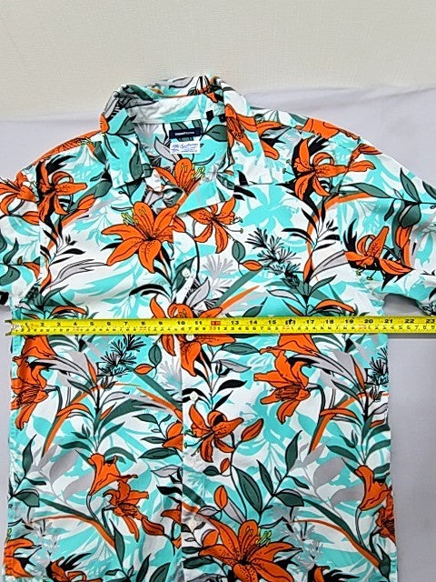 Superdry Men's Teal Orange Floral Hawaiian Shirt Size L Short Sleeve