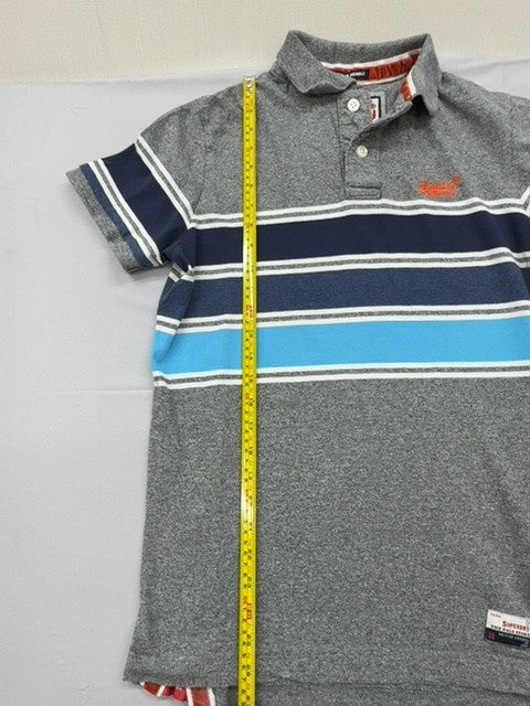 Superdry Vintage Stripe Jersey Grey Marl Polo Shirt M Short Sleeve