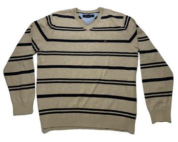 Tommy Hilfiger Men's Cotton V-Neck Sweater In A Beige And Navy Blue Stripes