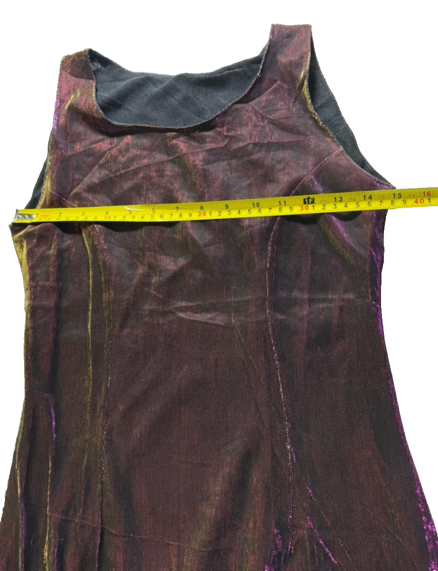 Vintage Metallic Sheer Sleeveless Dress Burgundy Gold Purple Shimmer Overlay