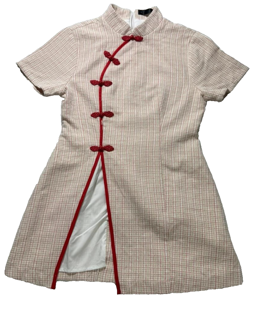 Vintage Asian Style Cheongsam Dress Voir Beige Red Trim Short Sleeve - Size S