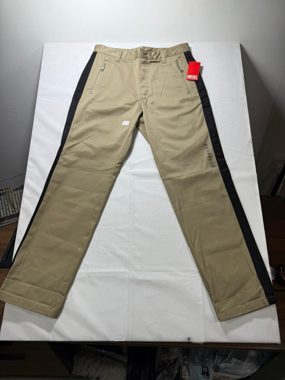 Diesel Men’s Beige Chino Pants with Black Side Stripe | 32 | MADE IN INDIA| NWT