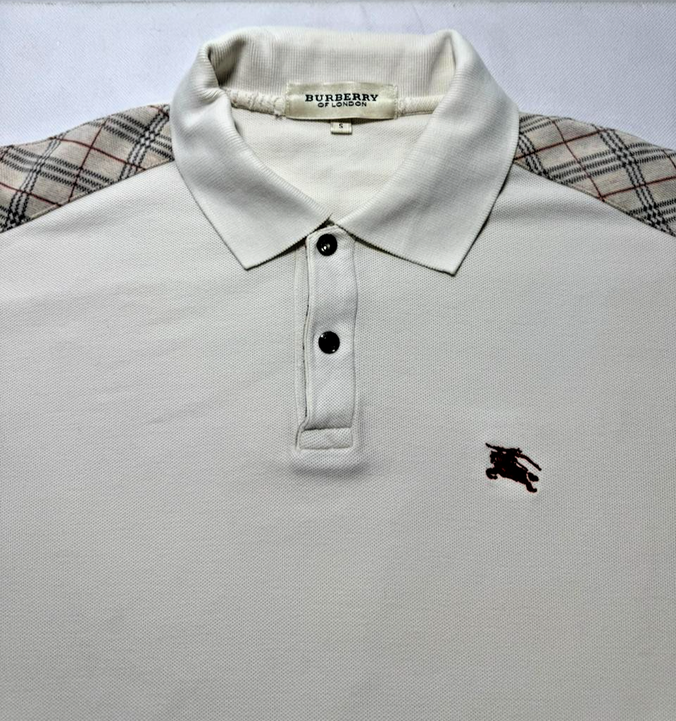 Burberry Of London Polo Shirt White Beige Nova Check Shoulder - Size S