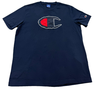 Champion Navy Blue Big Logo T Shirt Crewneck Men’s Size L Made in Cambodia