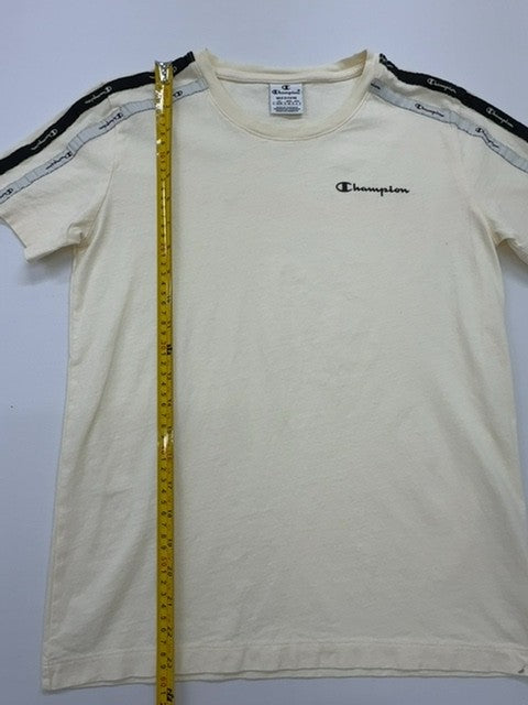 Champion Men Cream Striped Trim Logo T-Shirt Size M Condition Descriptor