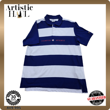 Champion Navy White Striped Polo Shirt Men's Size L 100% Cotton