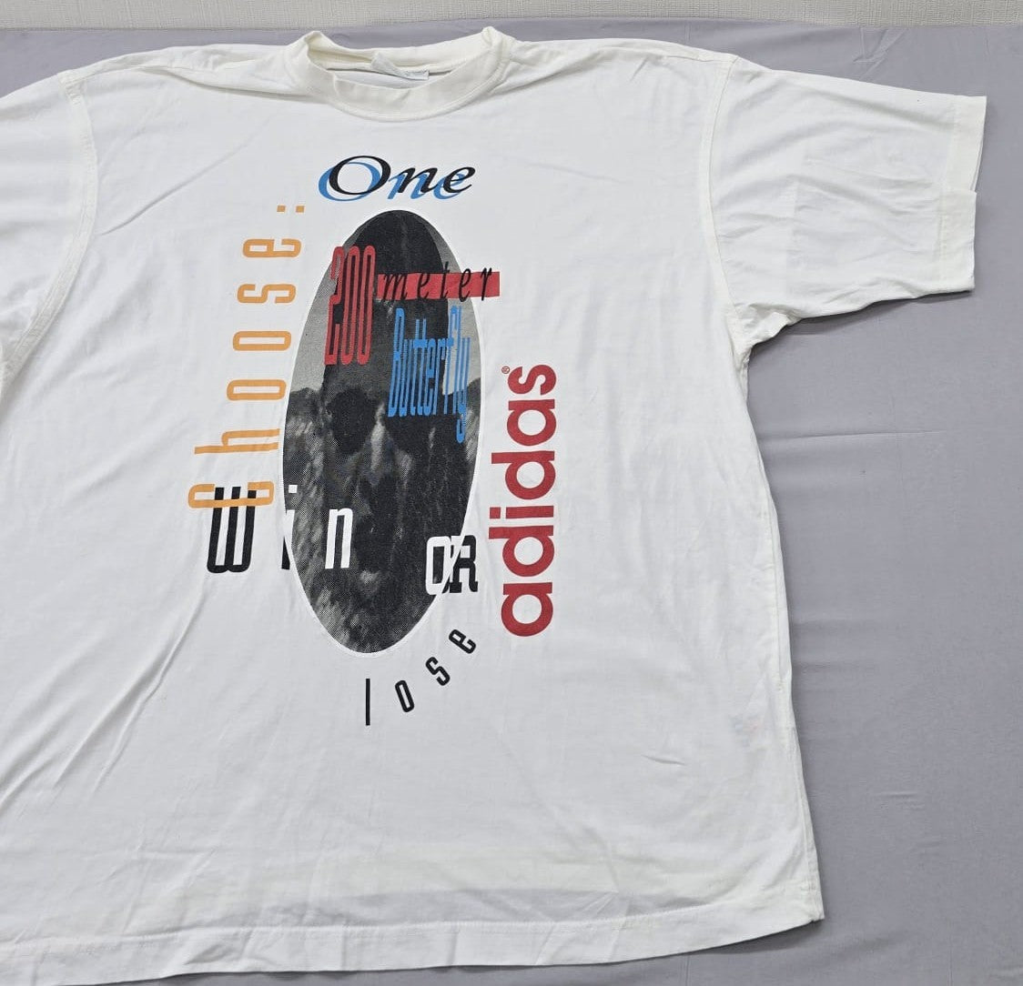 Adidas Men's White Graphic Short Sleeve T-Shirt L Vintage