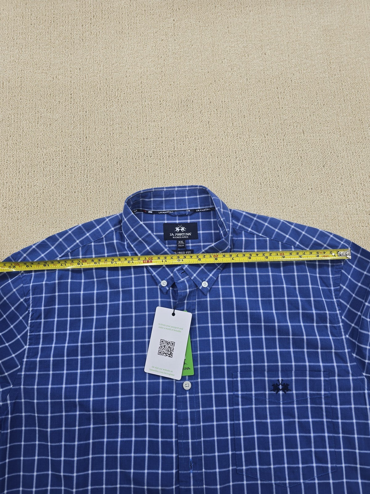 La Martina Men's XXL Blue Checked Cotton Dress Shirt Tailored Long Sleeve