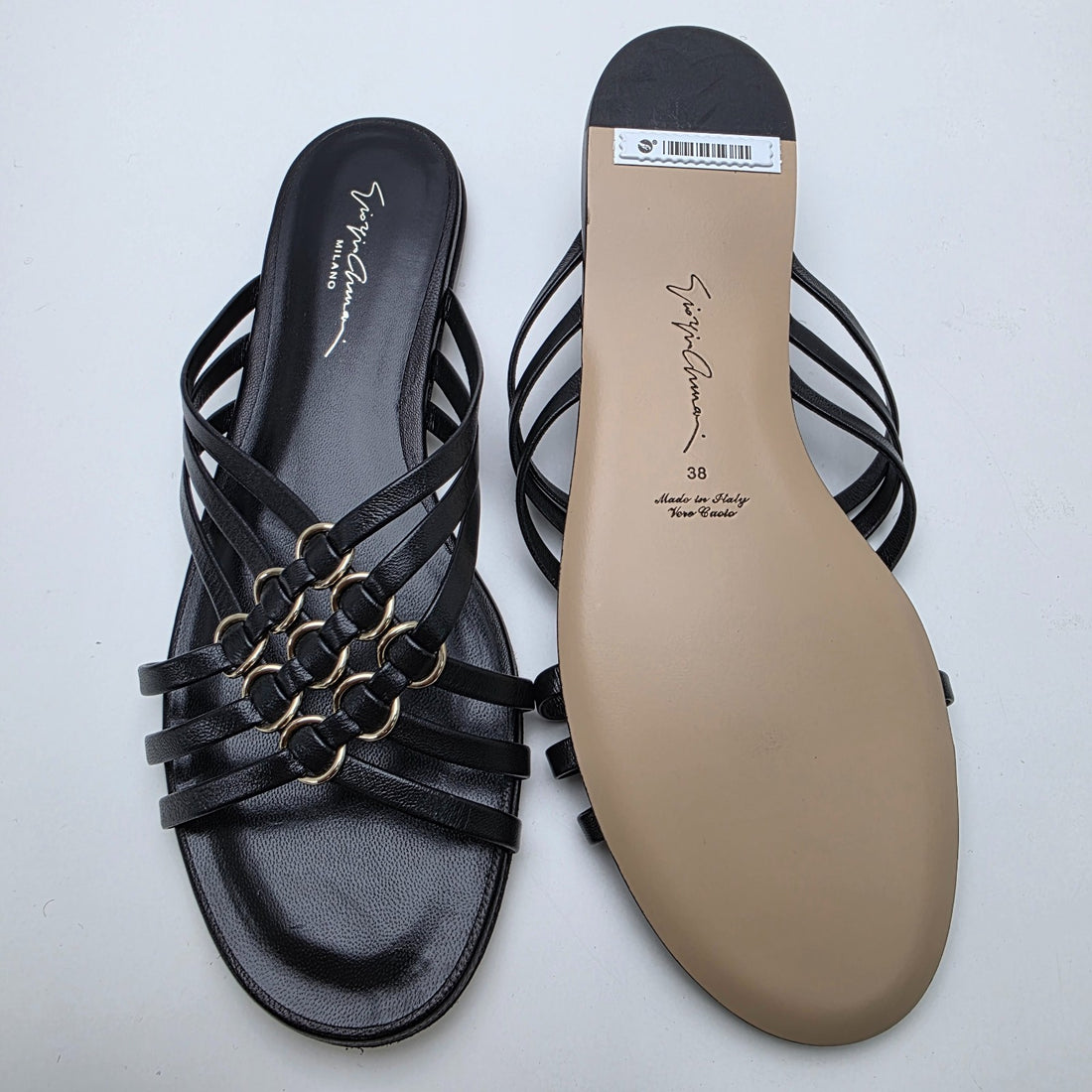 Giorgio Armani Black Crossed Leather Sandals With Gold-Tone Rings - Size 38 BNWT