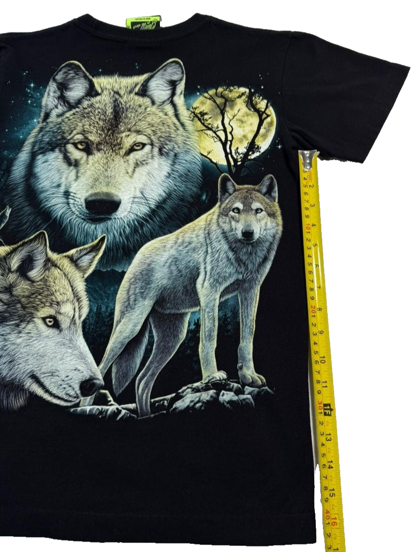Black Wolf Graphic T-Shirt Moon Wildlife Nature Print Short Sleeve Size S
