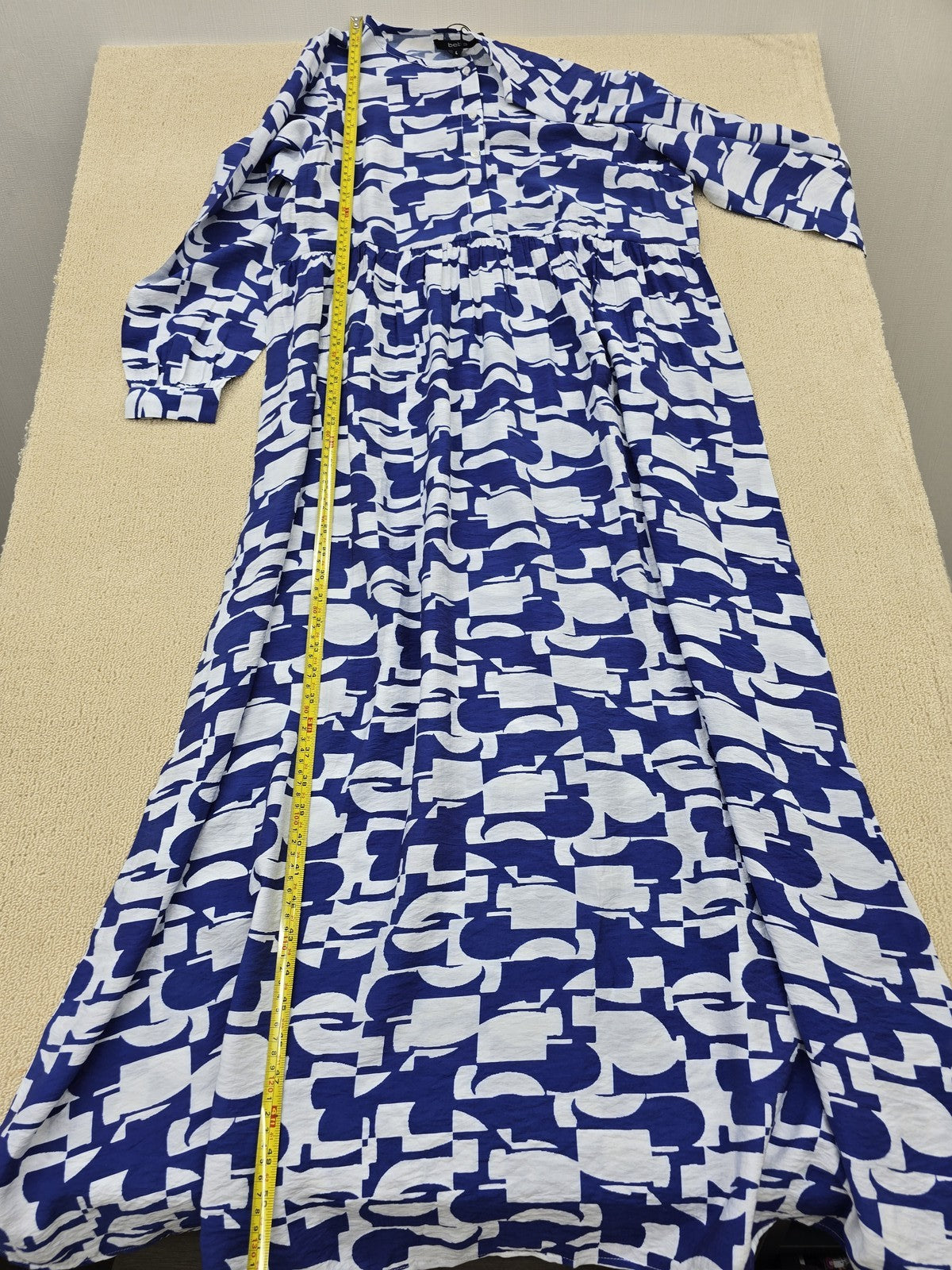 Bebe Women's L Blue White Geometric Pleated Long Maxi Dress
