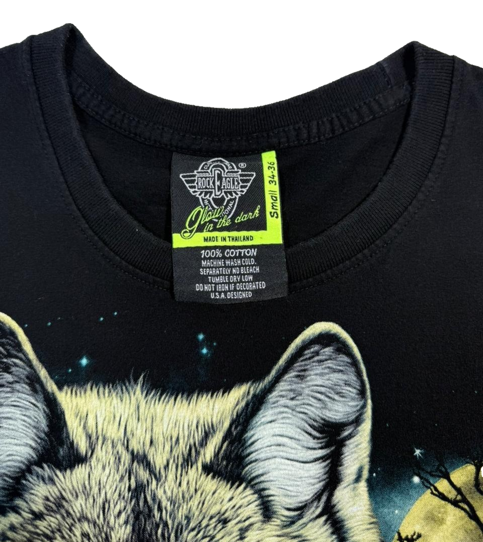 Black Wolf Graphic T-Shirt Moon Wildlife Nature Print Short Sleeve Size S