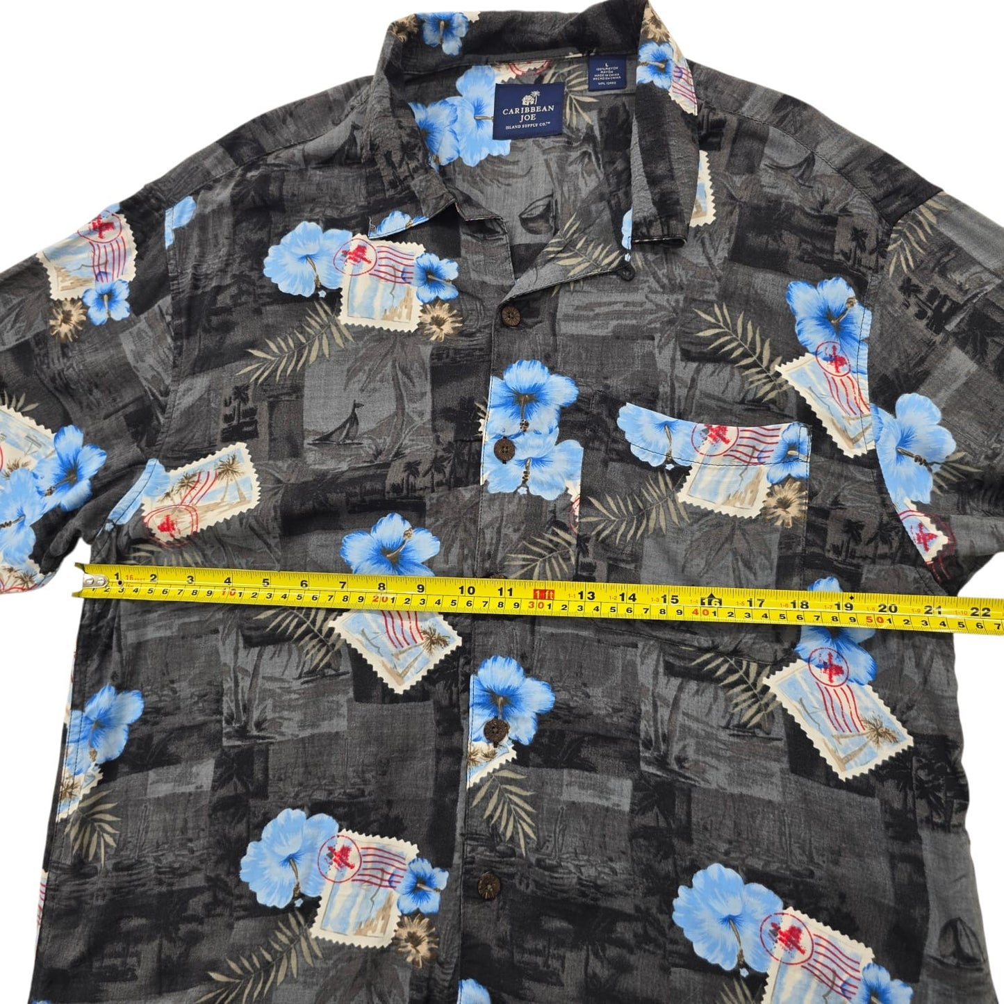 Caribbean Joe Men's Black Floral Hawaiian Shirt Size L