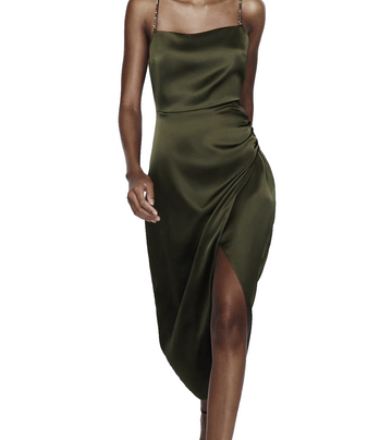 Zara Women's Satin Effect Beaded Slip Midi Dress Small Green Khaki Nwot