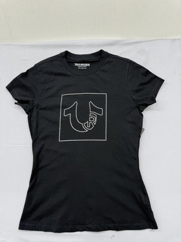 True Religion Women's Black Logo Graphic Tee Small Cotton Crew Neck
