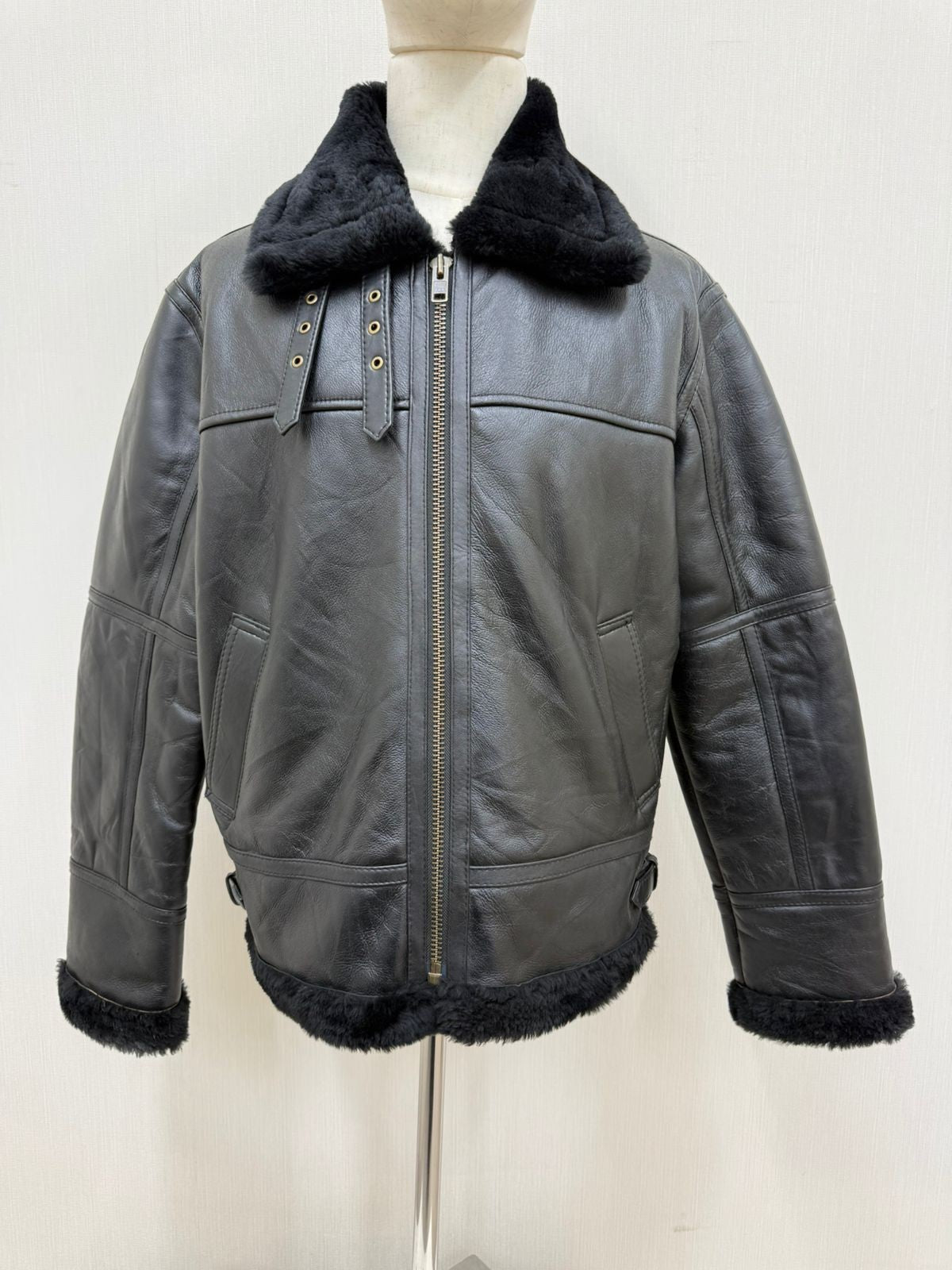 Men's Italian Sheepskin Leather Bomber Jacket Black Premium Soft Fur Size Asian L