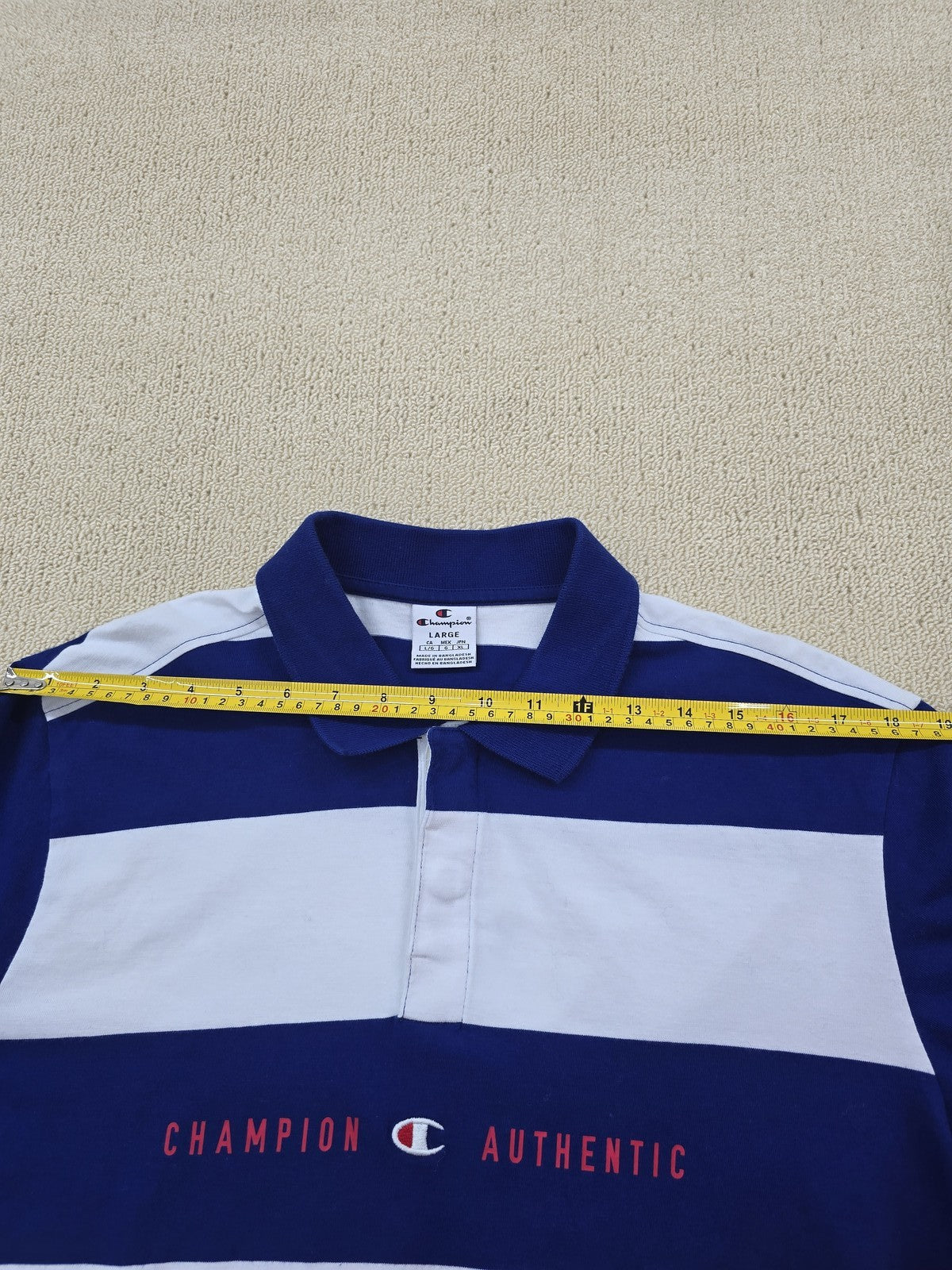 Champion Navy White Striped Polo Shirt Men's Size L 100% Cotton