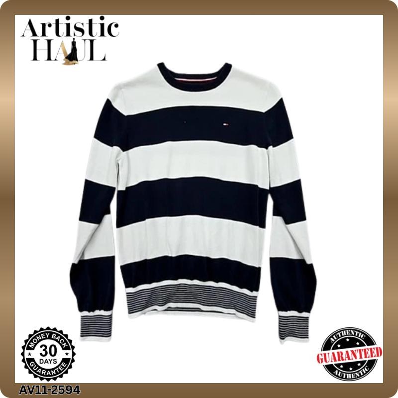 Tommy Hilfiger Unisex Navy Blue White Striped Cotton Crew Sweater XSP