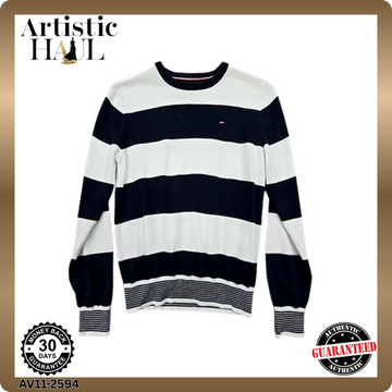 Tommy Hilfiger Unisex Navy Blue White Striped Cotton Crew Sweater XSP