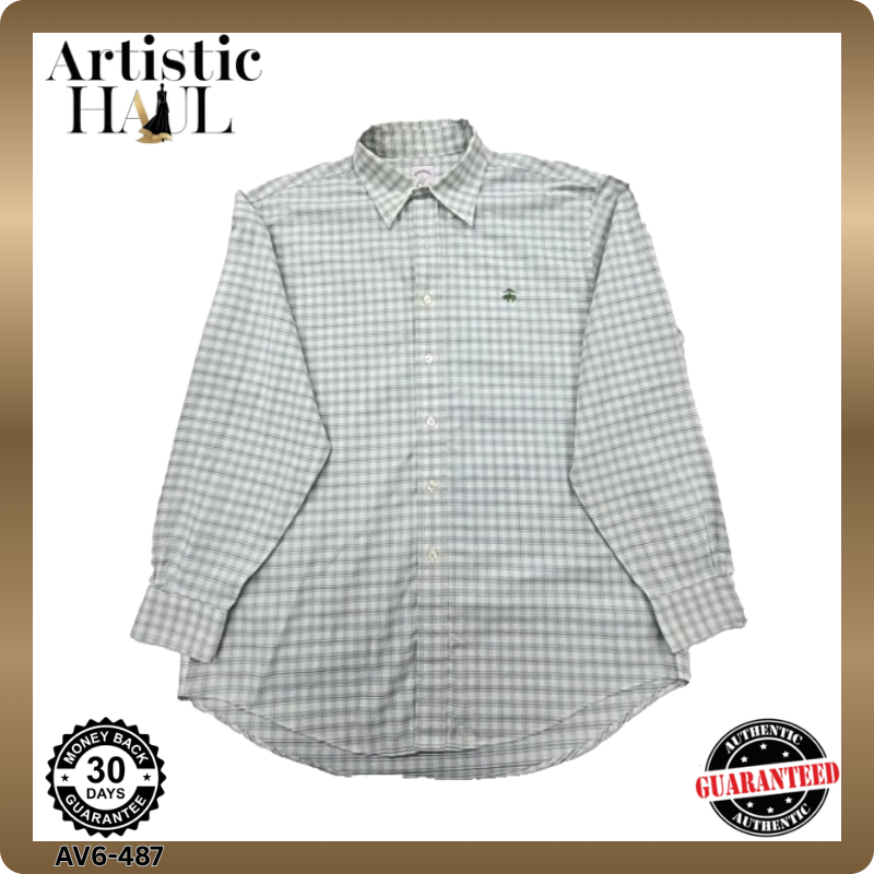 Brooks Brothers Gingham Polo Shirt Long Sleeve Light Gray Size L