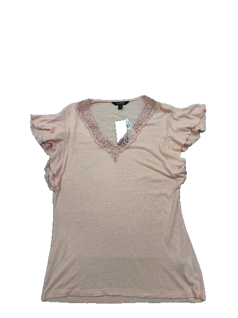 Lauren Ralph Lauren Women's Pale Pink Ruffle Lace V-Neck Short Sleeve Top M