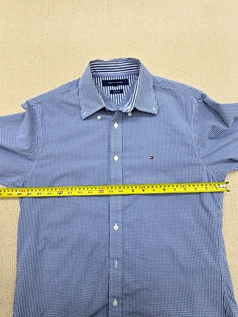 Tommy Hilfiger Men's Blue Gingham Long Sleeve Cotton Shirt Custom Fit Logo
