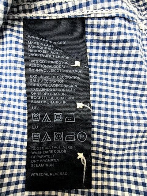 Tommy Hilfiger Men's Blue Gingham Long Sleeve Cotton Shirt Custom Fit Logo