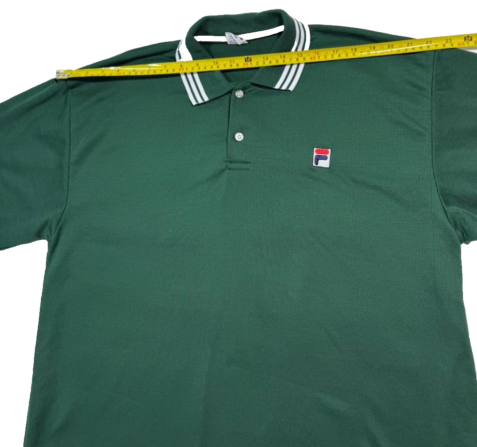 Fila Green Cotton Polo Shirt With White And Navy Striped Collar - Size L