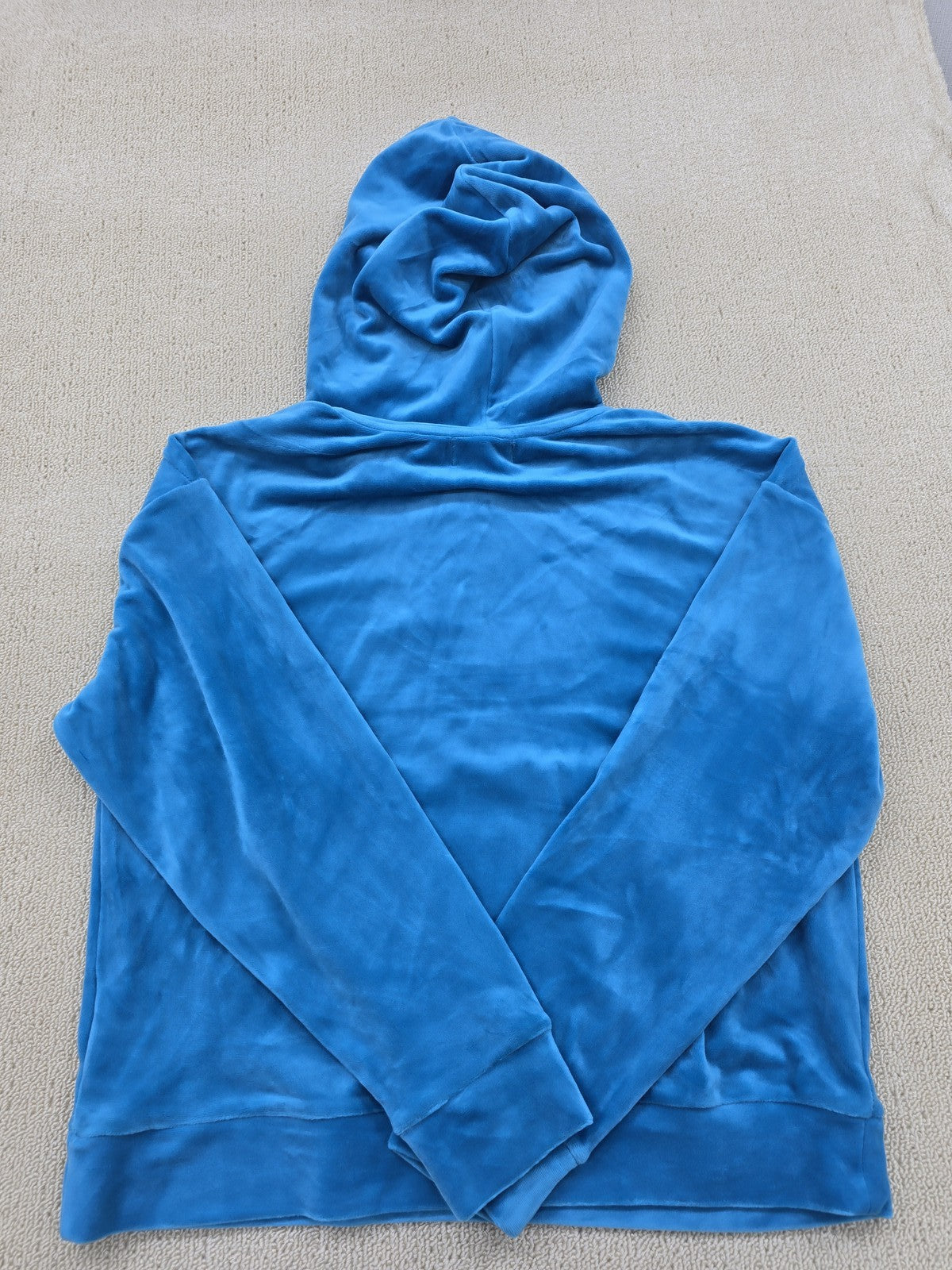 Juicy Couture Icons Velour Pullover Hoodie M Regal Blue Y2K Rhinestone