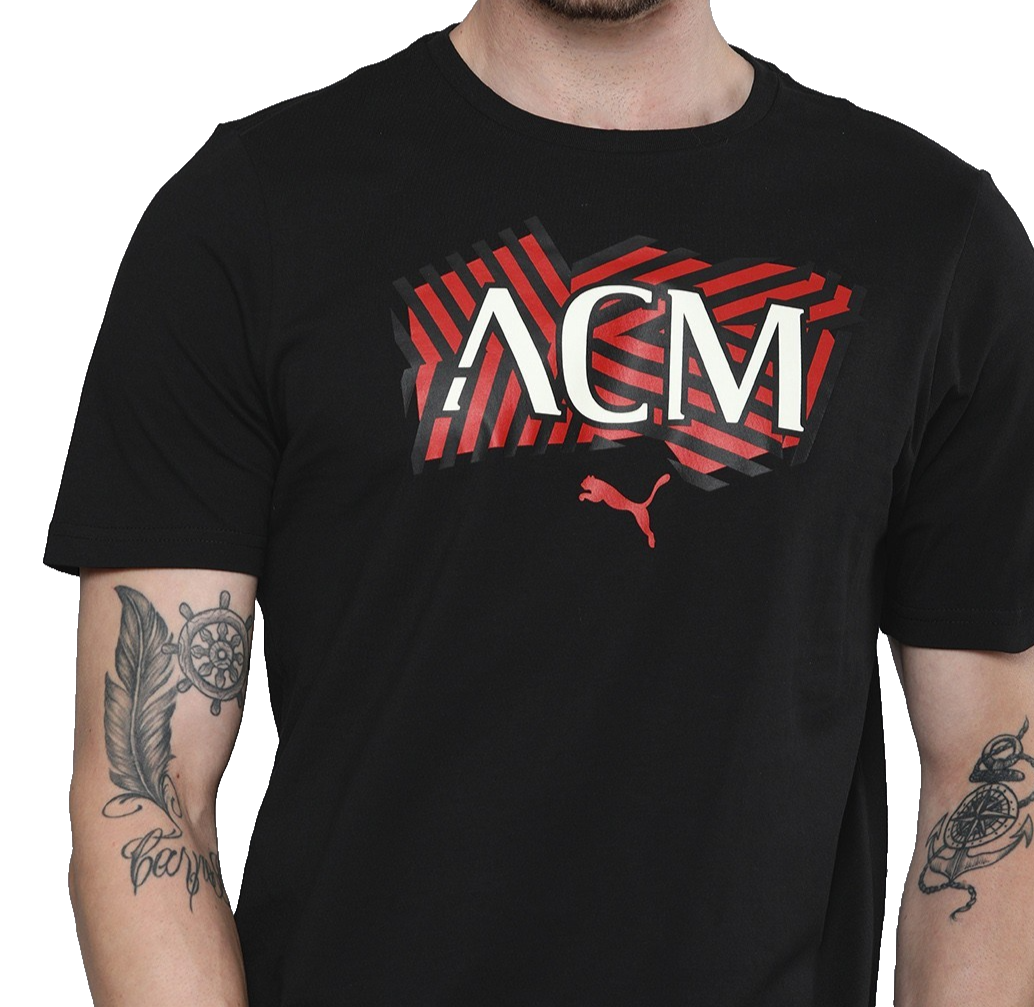 Puma Men's Black Ac Milan Acm Graphic T-Shirt Red Cat Logo Short Sleeve Size L
