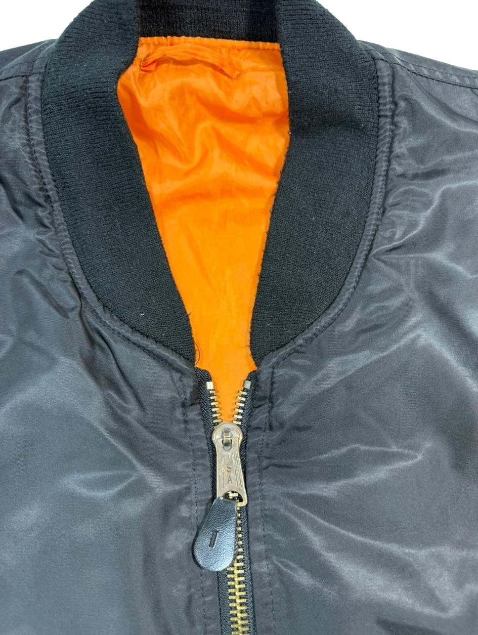 M-Tramp Men's Black Ma-1 Bomber Jacket Orange Lining Flight Pocket Full Zip S/XL