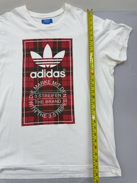 Adidas Women's XL White Plaid Graphic T-Shirt Cotton Short Sleeve